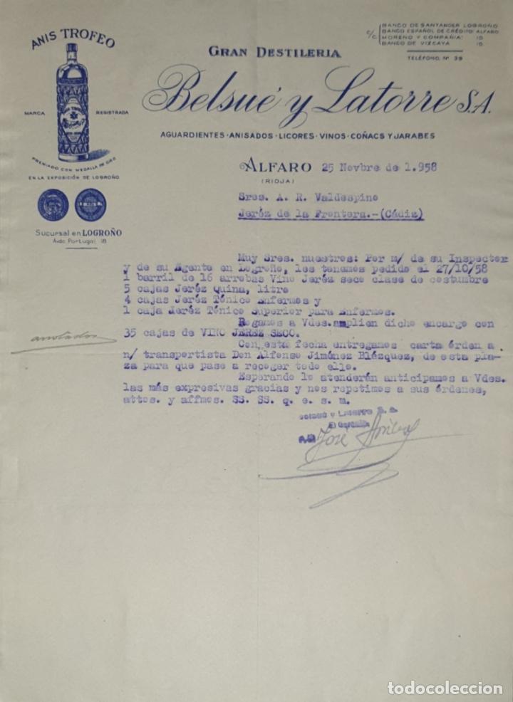 Lettres commerciales: Carta comercial. Belsu&eacute; y Latorre, S.A,. Gran Destiler&iacute;a. Rioja 1958