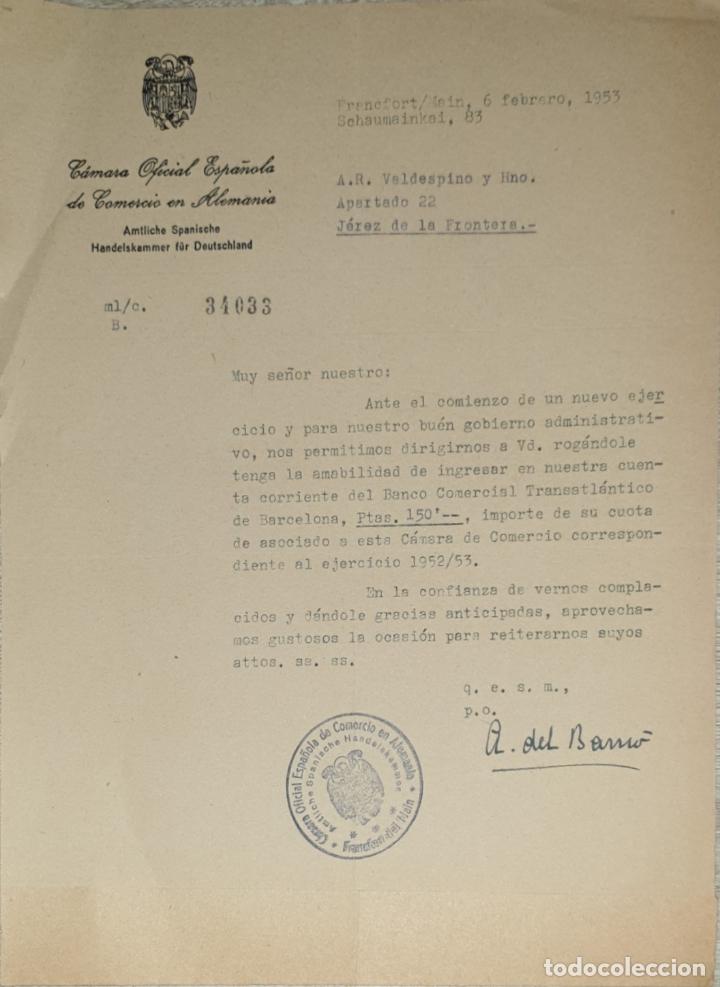 Lettres commerciales: Carta comercial. C&aacute;mara Oficial Espa&ntilde;ola de comercio del Alemania. Francfort 1953
