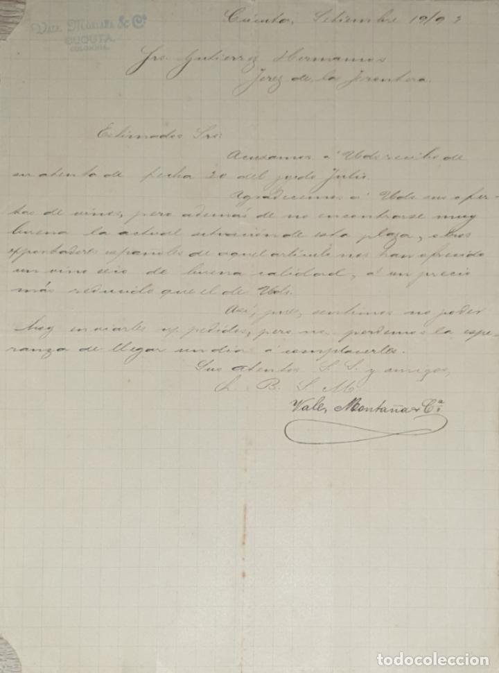 Lettres commerciales: Carta comercial. Vale, Monta&ntilde;a & C&ordf;. San Jos&eacute; de C&uacute;cuta 1893