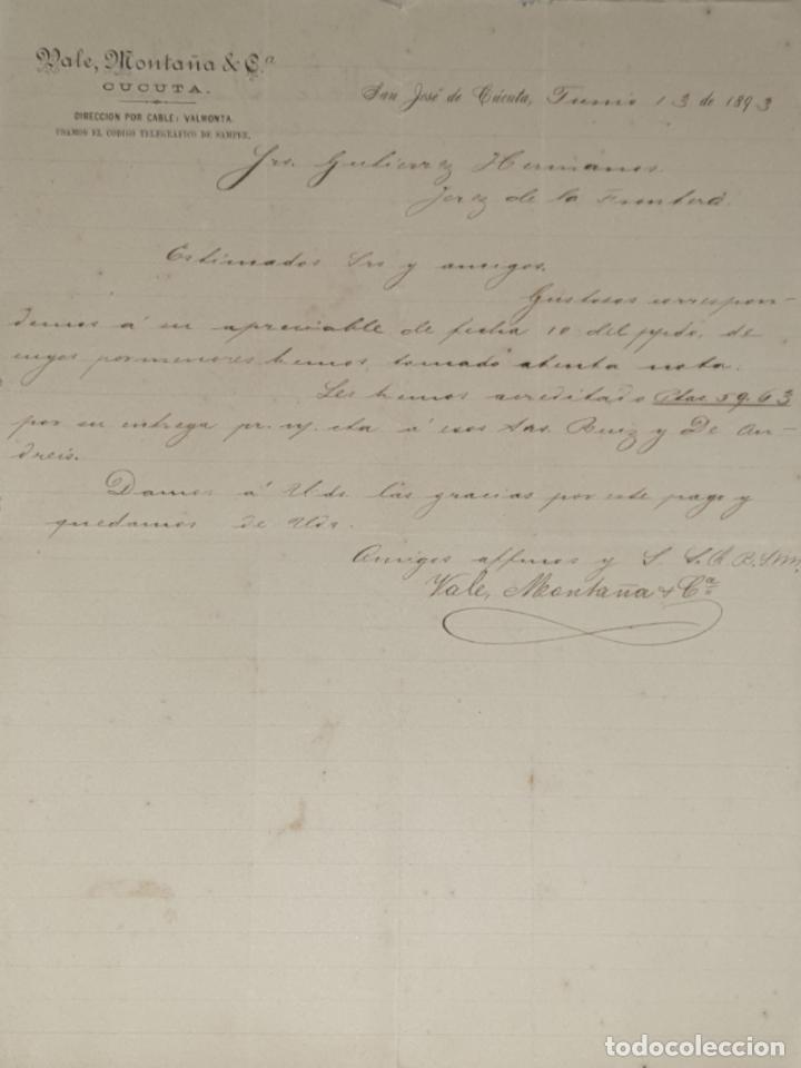 Lettres commerciales: Carta comercial. Vale, Monta&ntilde;a & C&ordf;. San Jos&eacute; de C&uacute;cuta 1893