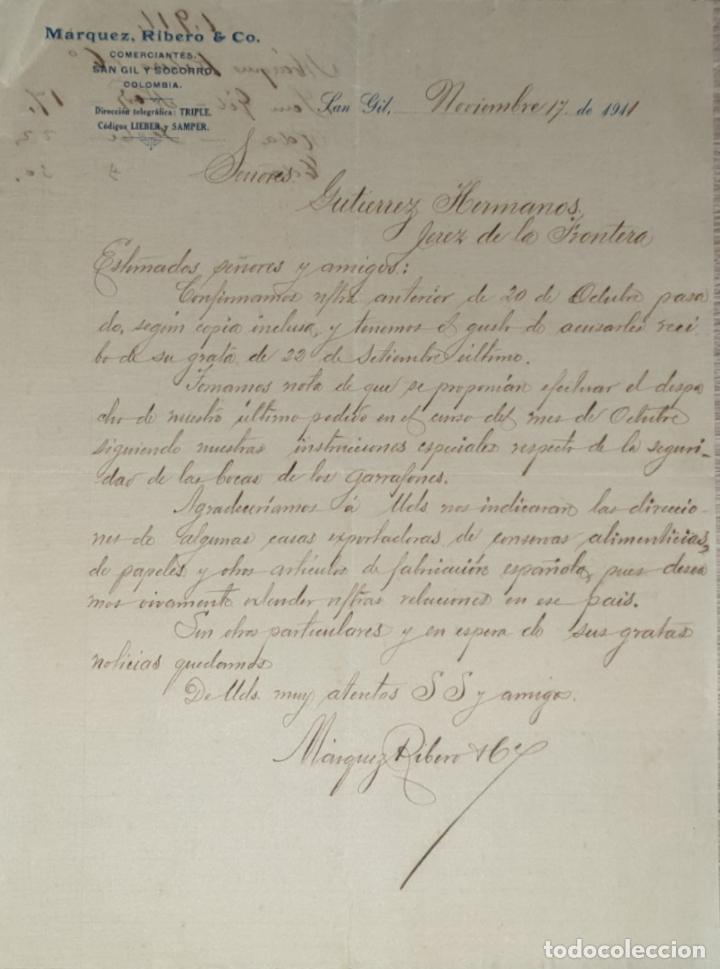 Lettres commerciales: Carta comercial. Marquez, Ribero & C&ordm;. Comerciantes. San Gil. Colombia 1911