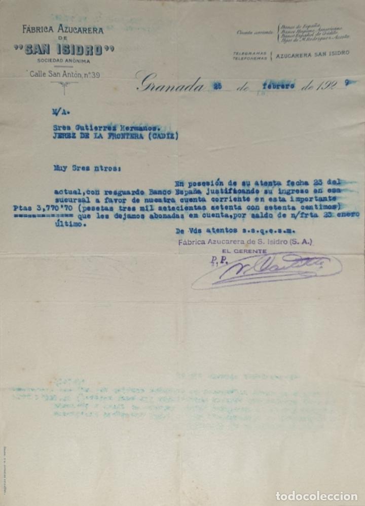 Lettres commerciales: Carta comercial. San Isidro. F&aacute;brica azucarera. Granada 1929
