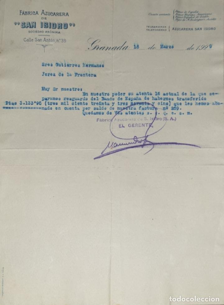 Lettres commerciales: Carta comercial. San Isidro. F&aacute;brica azucarera. Granada 1929