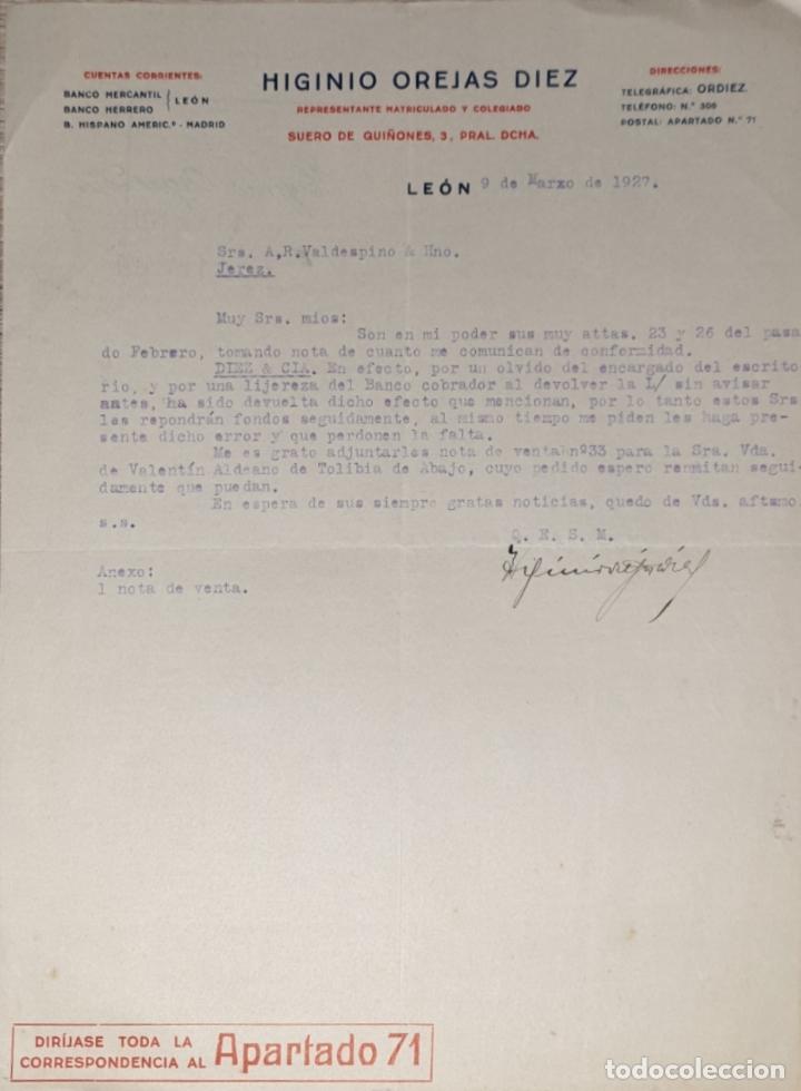 Lettres commerciales: Carta comercial. Higinio Orejas Diez. representante matriculado y colegiado. Le&oacute;n 1927