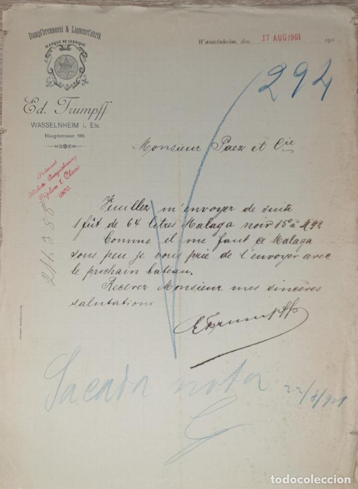 Lettres commerciales: Carta comercial. Ed. Trumpff. Dampfbrennerei & Liqueurfabrik. Wasselnheim 1901