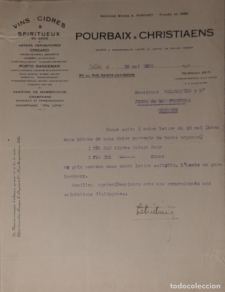 Lettres commerciales: Carta comercial. Pourbaix & Christiaens. Vins-Cidres & Spiritueux. Lille 1928
