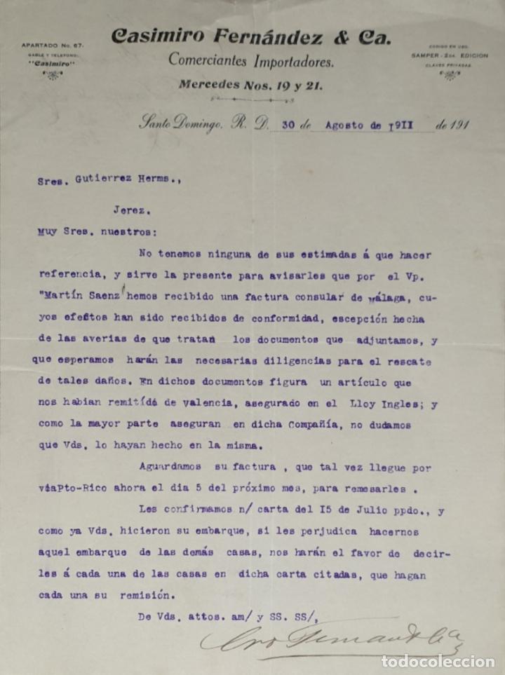 Lettres commerciales: carta comercial. Casimiro Fern&aacute;ndez & C&ordf;. Comerciantes Importadores. Santo Domingo 1911