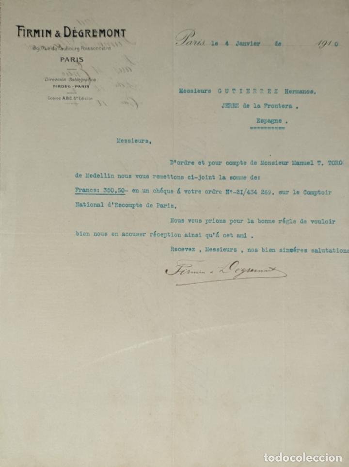 Lettres commerciales: Carta comercial. Firmin & D&eacute;gremont. Par&iacute;s 1910