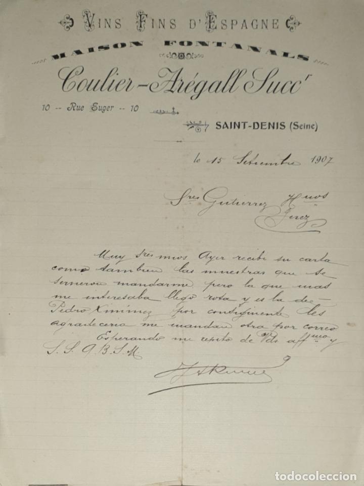 Lettres commerciales: Carta comercial. Coulier-Ar&eacute;gall Succ. Vins Fins D&acute;Espagne. Saint-Denis 1907