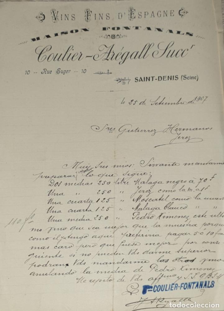 Lettres commerciales: Carta comercial. Coulier-Ar&eacute;gall Succ. Vins Fins D&acute;Espagne. Saint-Denis 1907