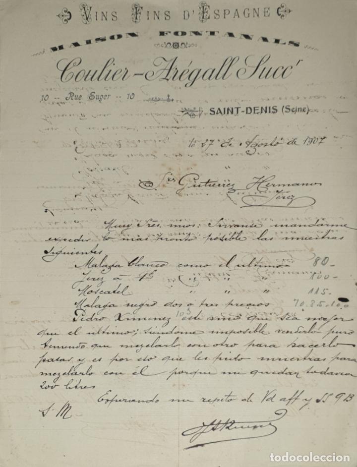Lettres commerciales: Carta comercial. Coulier-Ar&eacute;gall Succ. Vins Fins D&acute;Espagne. Saint-Denis 1907