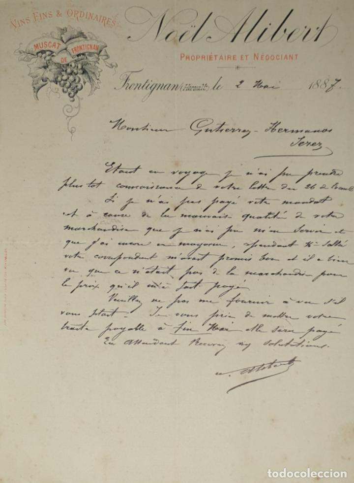 Lettres commerciales: carta comercial. No&eacute;l Alibert. Propri&eacute;taire et N&eacute;gociant. Vins Fins & Ordinaires. Frontignan 1887