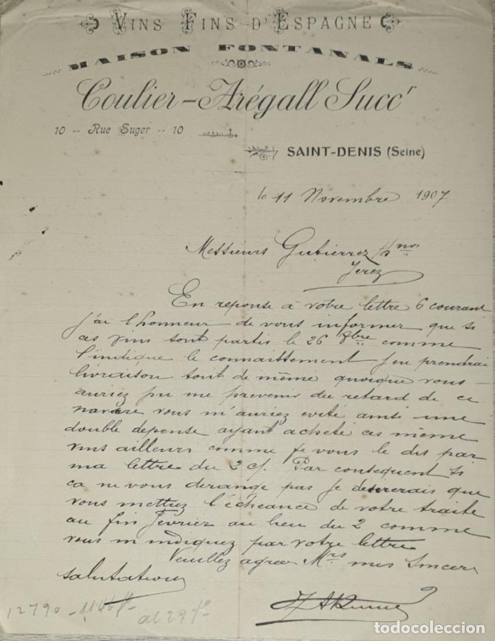 Lettres commerciales: Carta comercial. Coulier-Ar&eacute;gall Succ. Vins Fins D&acute;Espagne. Saint-Denis 1907