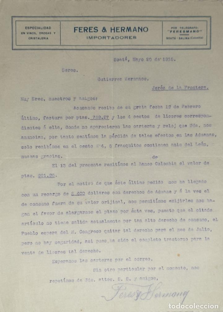 Lettres commerciales: Carta comercial. Feres & Hermano. Importadores. Soat&aacute; 1915