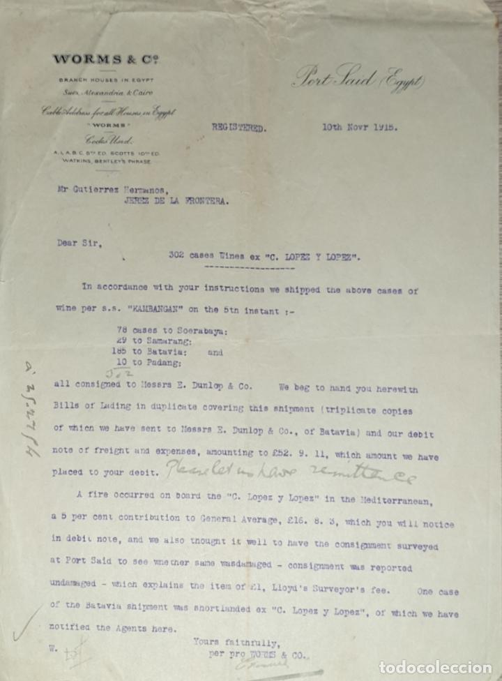 Lettres commerciales: Carta comercial. Worms & C&ordf;. Branch Houses in Egypt. Port Said 1915