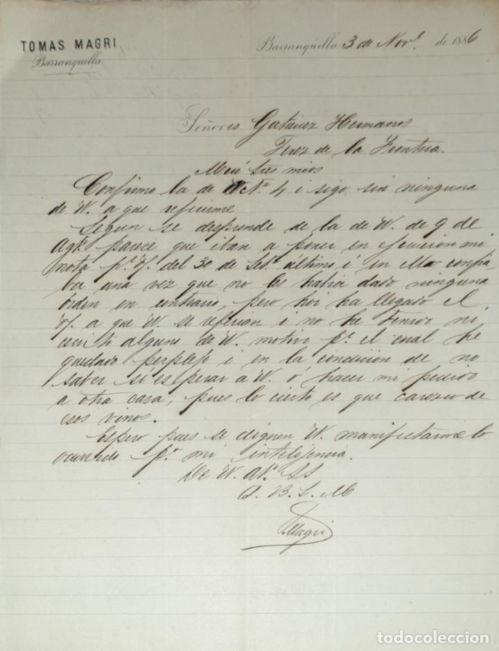 Lettres commerciales: Carta comercial. Tomas Magri. Barranquilla 1886