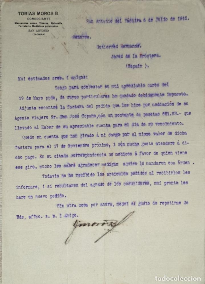 Lettres commerciales: Carta comercial. Tobias Moros B. Comerciante. Mercanc&iacute;as Suecas. San Antonio del Tachira 1915
