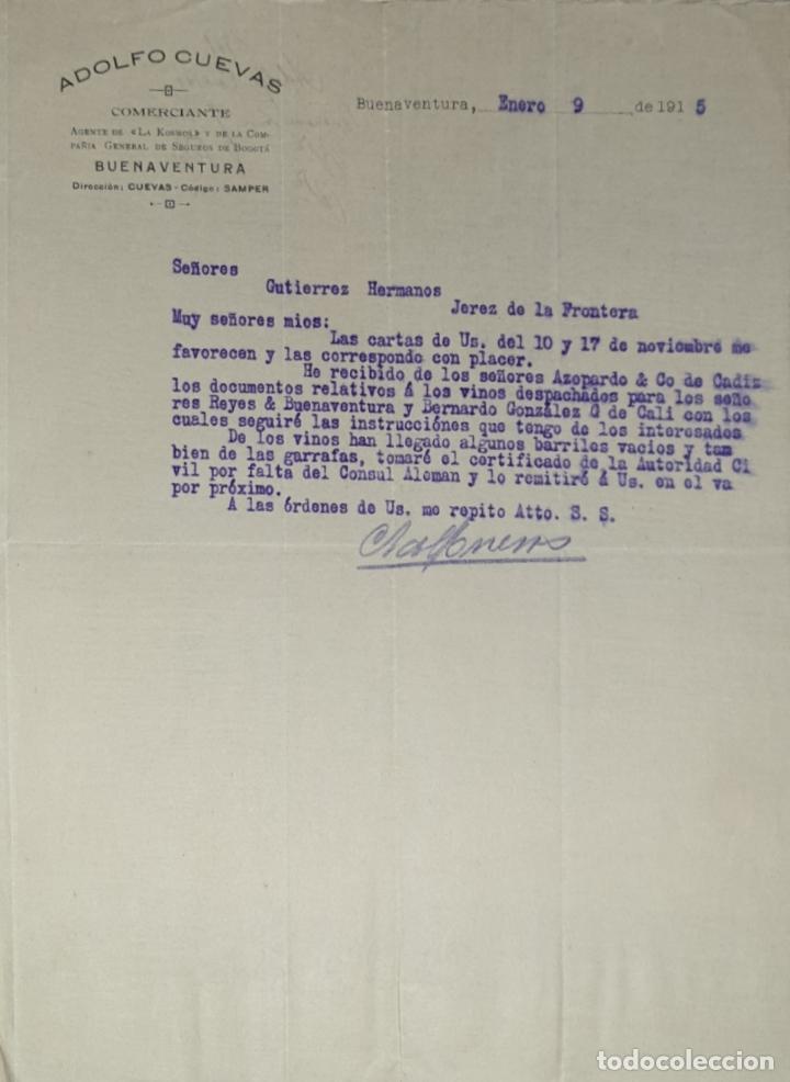 Lettres commerciales: Carta comercial. Adolfo Cuevas. Comerciante. Buenaventura 1915
