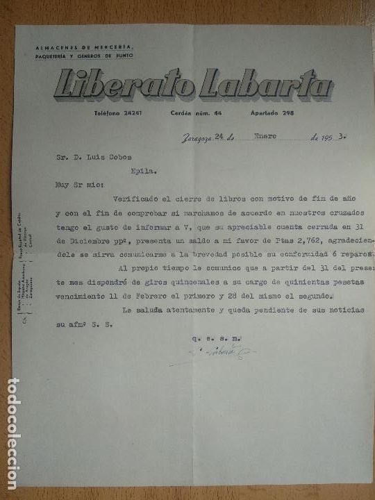 Lettres commerciales: CARTA LIBERATO LABARTA, ALMACENES MERCERIA. EPILA ZARAGOZA. 1953.