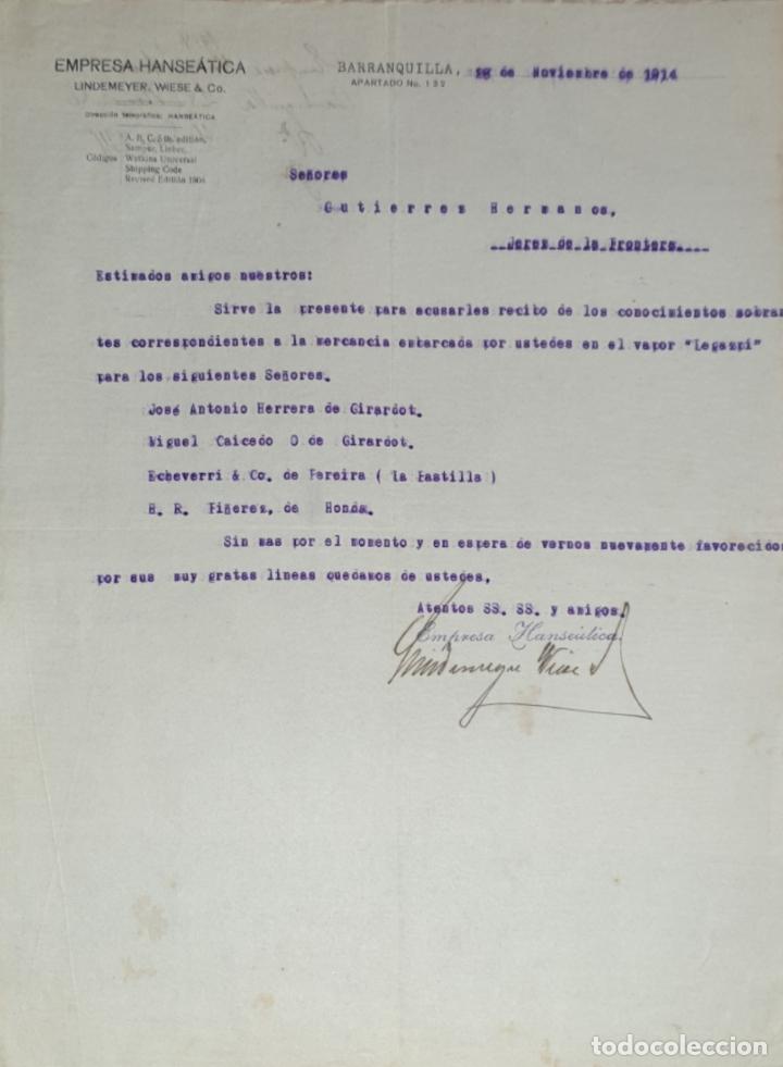 Lettres commerciales: Carta comercial. Empresa Hanse&aacute;tica. Lindemeyer, Wiese & C&ordm;. Barranquilla 1914