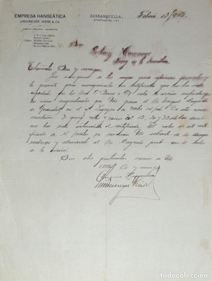 Lettres commerciales: Carta comercial.  Empresa Hanse&aacute;tica. Lindemeyer, Wiese & C&ordm;. Barranquilla 1915