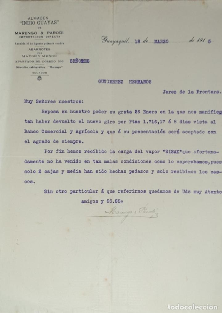 Lettres commerciales: Carta comercial.Marengo & Parodi.Importaci&oacute;n Directa.Almac&eacute;n Indio Guayas.Abarrotes. Guayaquil 1915