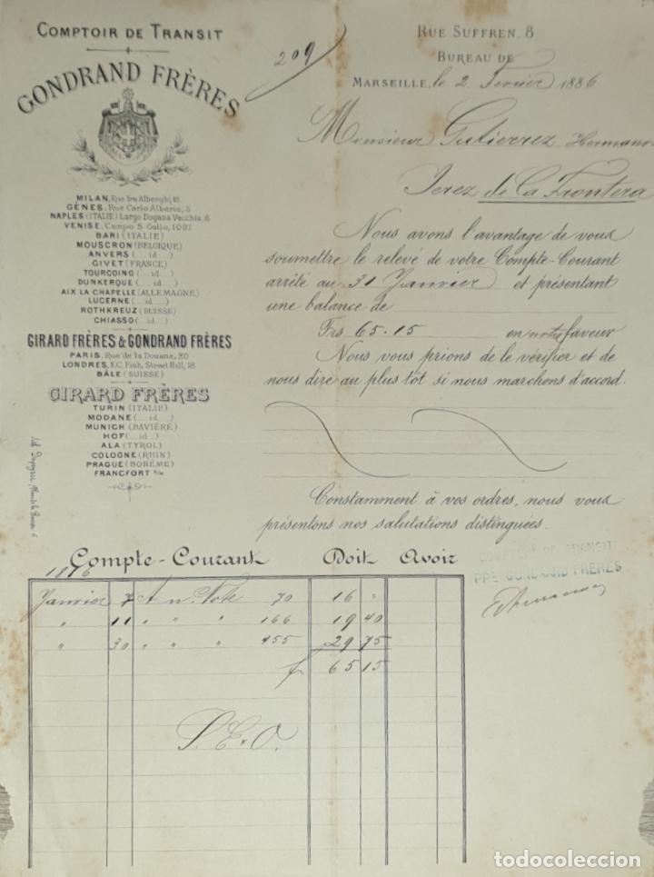 Lettres commerciales: Carta comercial. Gondrand Fr&eacute;res. Comptoir de Transit. Marseille 1886