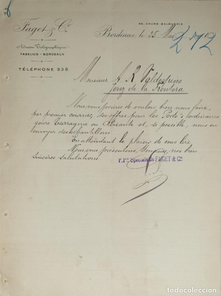 Lettres commerciales: Carta comercial. Faget & C&ordm;. Fagelius- Bordeaux 1901