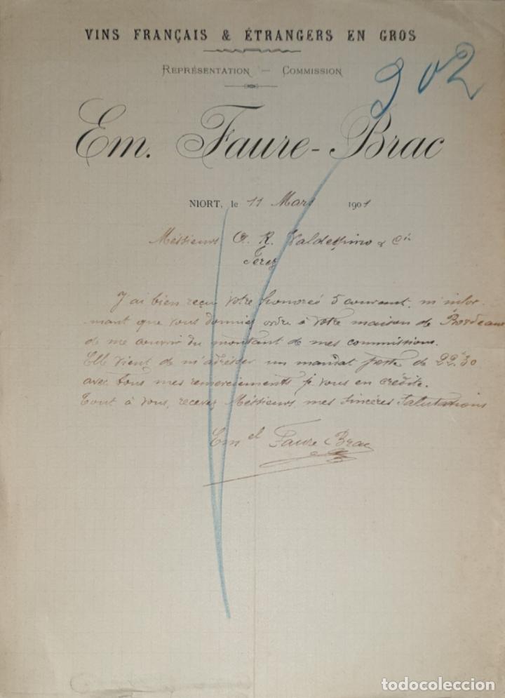 Lettres commerciales: Carta comercial. Em. Faure-Brac. Vins Fran&ccedil;ais & Etrangers en Gros. Niort 1901