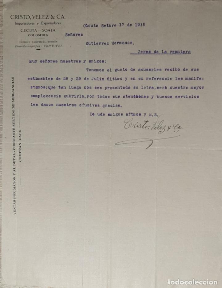 Lettres commerciales: Carta comercial. Cristo, Velez & C&ordf;. Importadores y Exportadores. C&uacute;cuta 1915