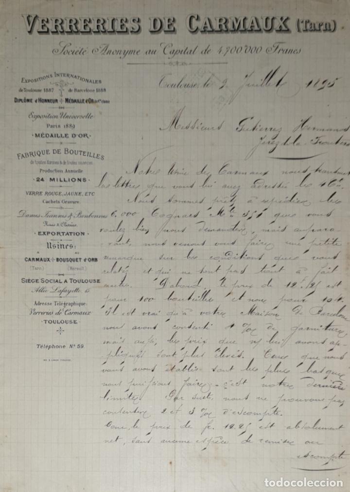 Lettres commerciales: Carta comercial. Verreries de Carmaux. Toulouse 1895