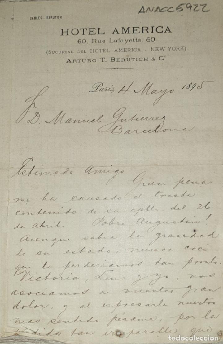 Lettres commerciales: Carta comercial. Arturo T. Berutich & C&ordm;. Hotel Am&eacute;rica. Par&iacute;s 1895