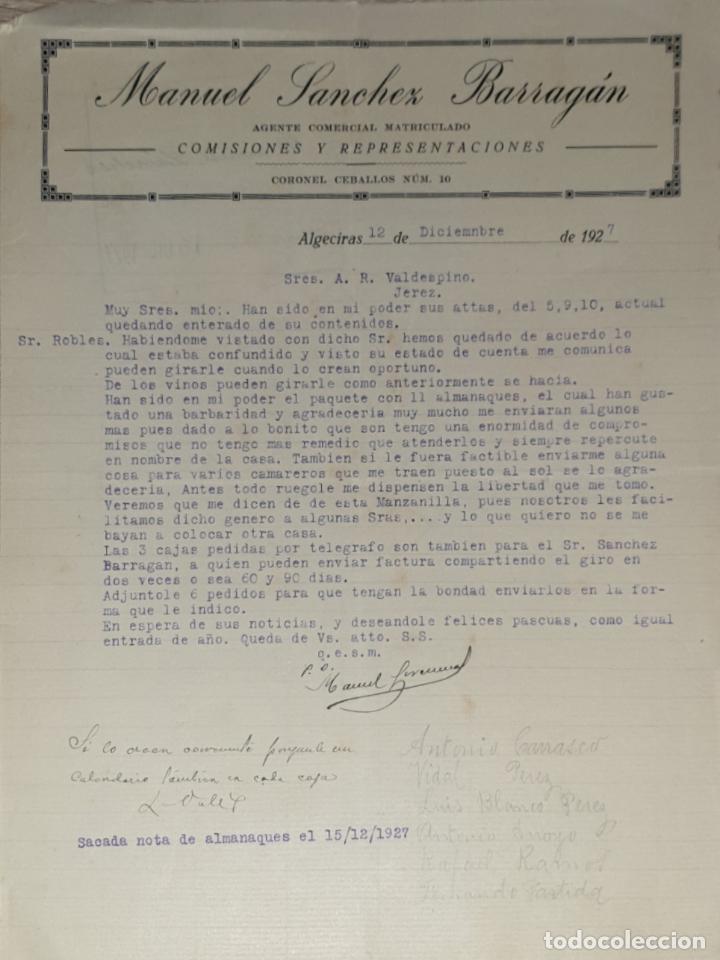 Lettres commerciales: Carta comercial. Manuel S&aacute;nchez Barrag&aacute;n. Agente Comercial Matriculado. Algeciras 1927