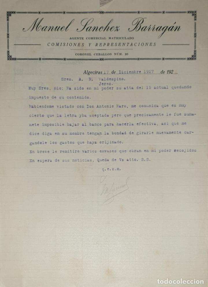 Lettres commerciales: Carta comercial. Manuel S&aacute;nchez Barrag&aacute;n. Agente Comercial Matriculado. Algeciras 1927