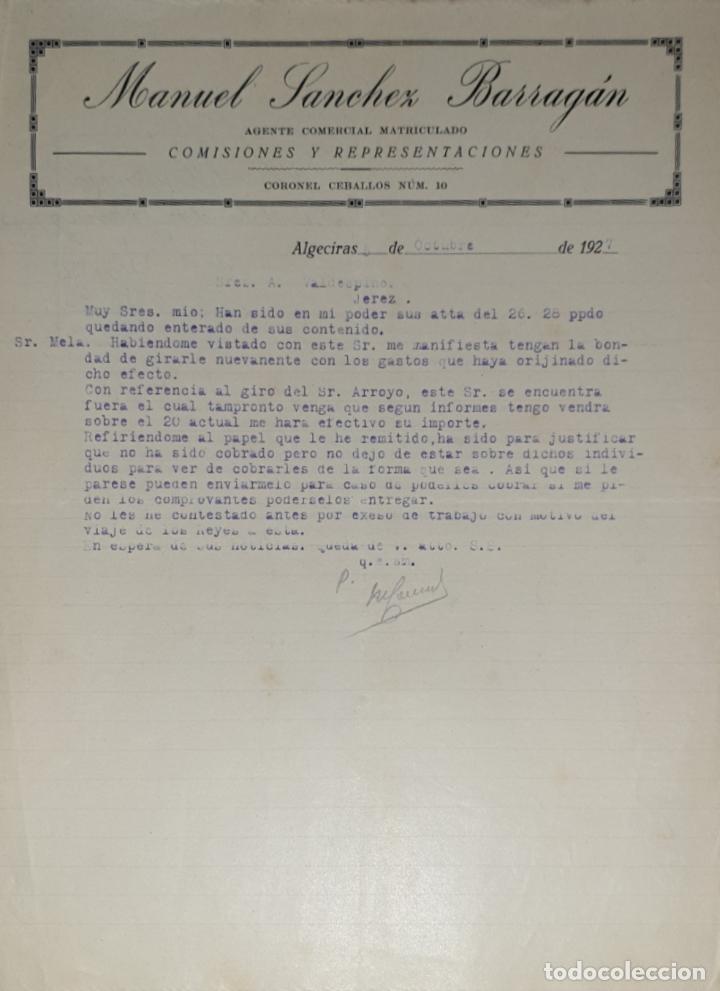 Lettres commerciales: Carta comercial. Manuel S&aacute;nchez Barrag&aacute;n. Agente Comercial Matriculado. Algeciras 1927
