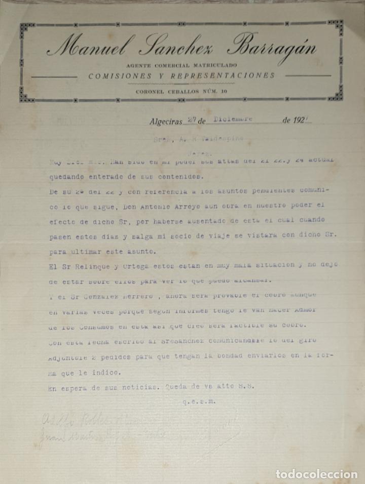 Lettres commerciales: Carta comercial. Manuel S&aacute;nchez Barrag&aacute;n. Agente Comercial Matriculado. Algeciras 1927