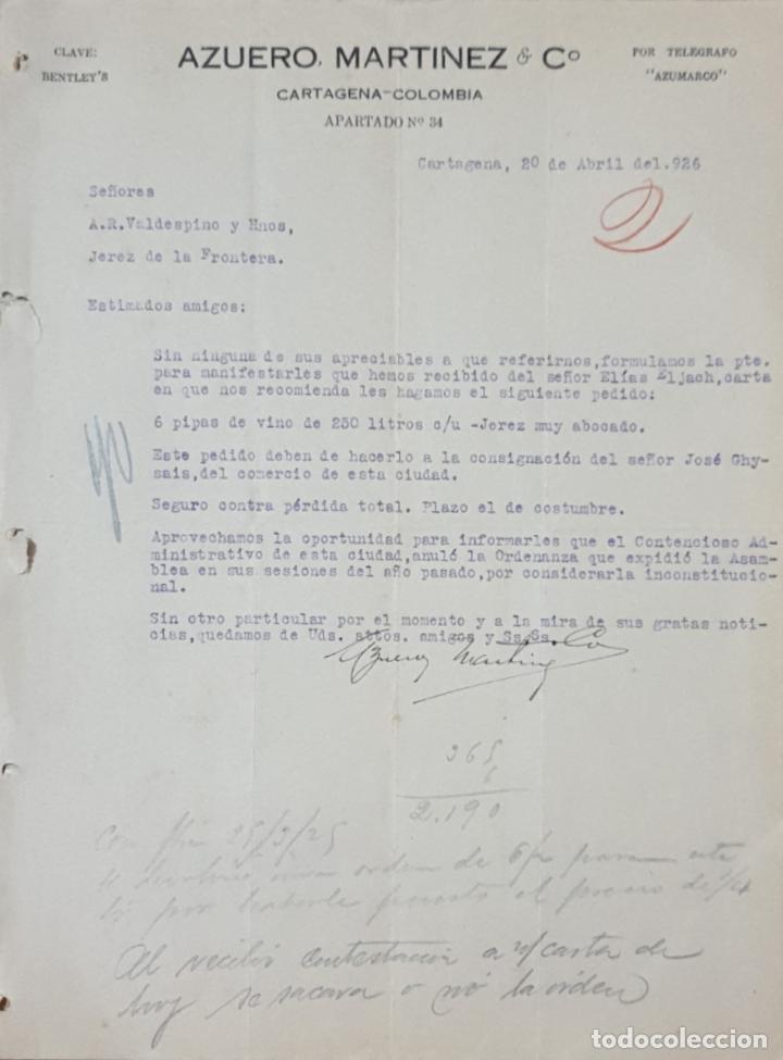 Lettres commerciales: Carta comercial. Azurero Martinez & C&ordm;. Cartagena. Colombia 1926