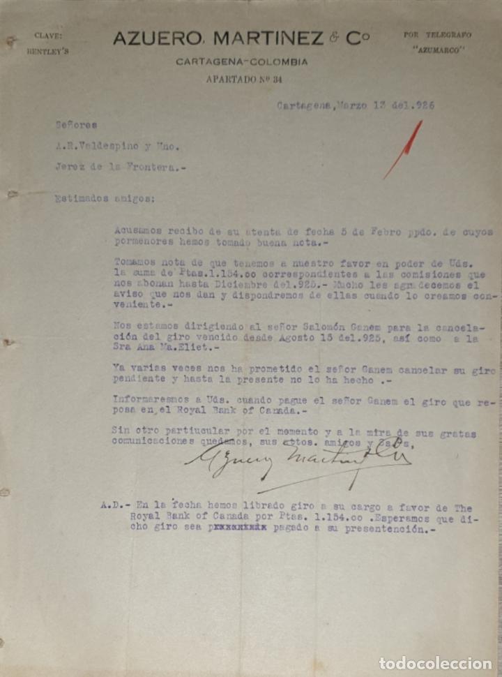 Lettres commerciales: Carta comercial. Azurero Martinez & C&ordm;. Cartagena. Colombia 1926