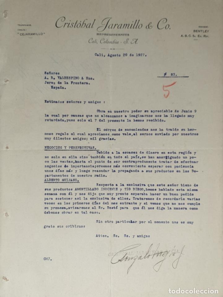 Lettres commerciales: Carta comercial. Crist&oacute;bal Jaramillo & C&ordm;. Representantes. Cali. Colombia 1927