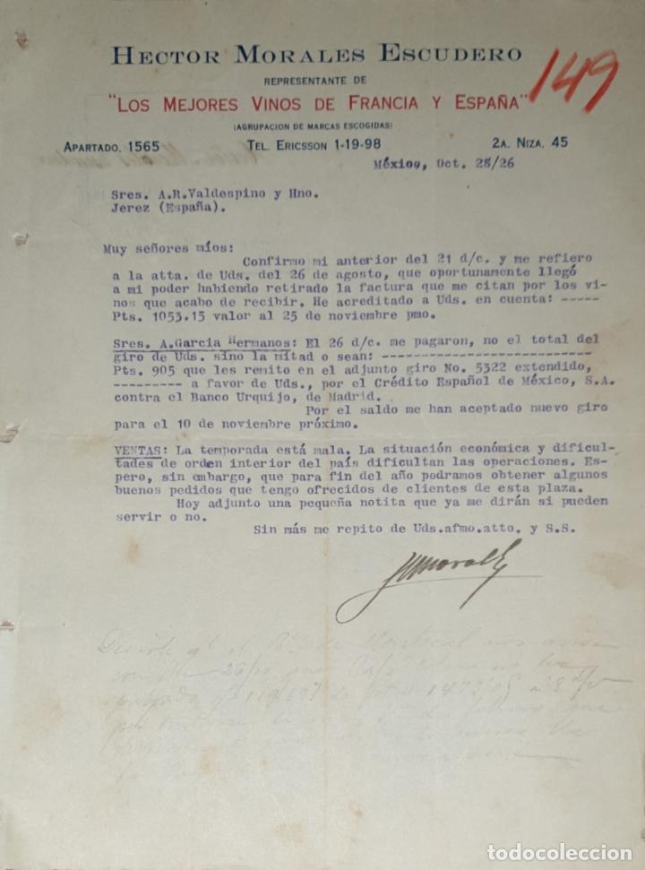 Lettres commerciales: Carta comercial.Hector Morales Escudero. mejores vinos de Francia-Espa&ntilde;a.Representante. M&eacute;xico 1926