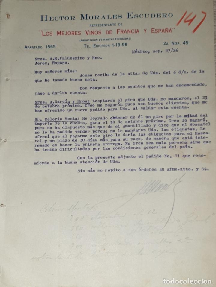 Lettres commerciales: Carta comercial.Hector Morales Escudero.Mejores vinos de Francia-Espa&ntilde;a.Representante.M&eacute;xico 1926