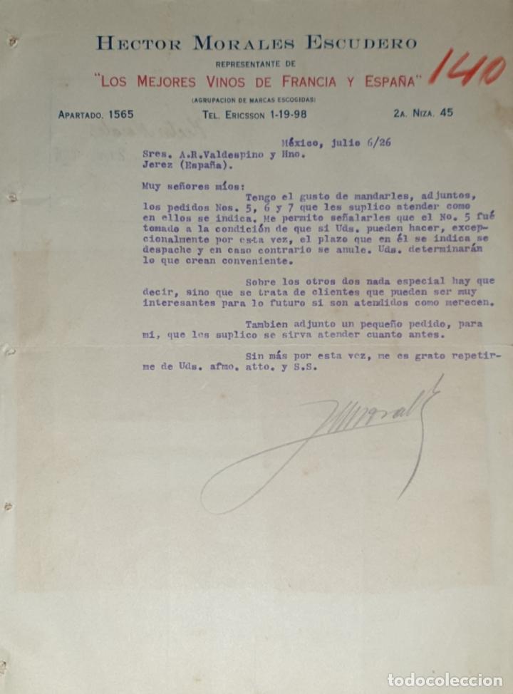 Lettres commerciales: Carta comercial.Hector Morales Escudero.Mejores vinos de Francia-Espa&ntilde;a.Representante.M&eacute;xico 1926