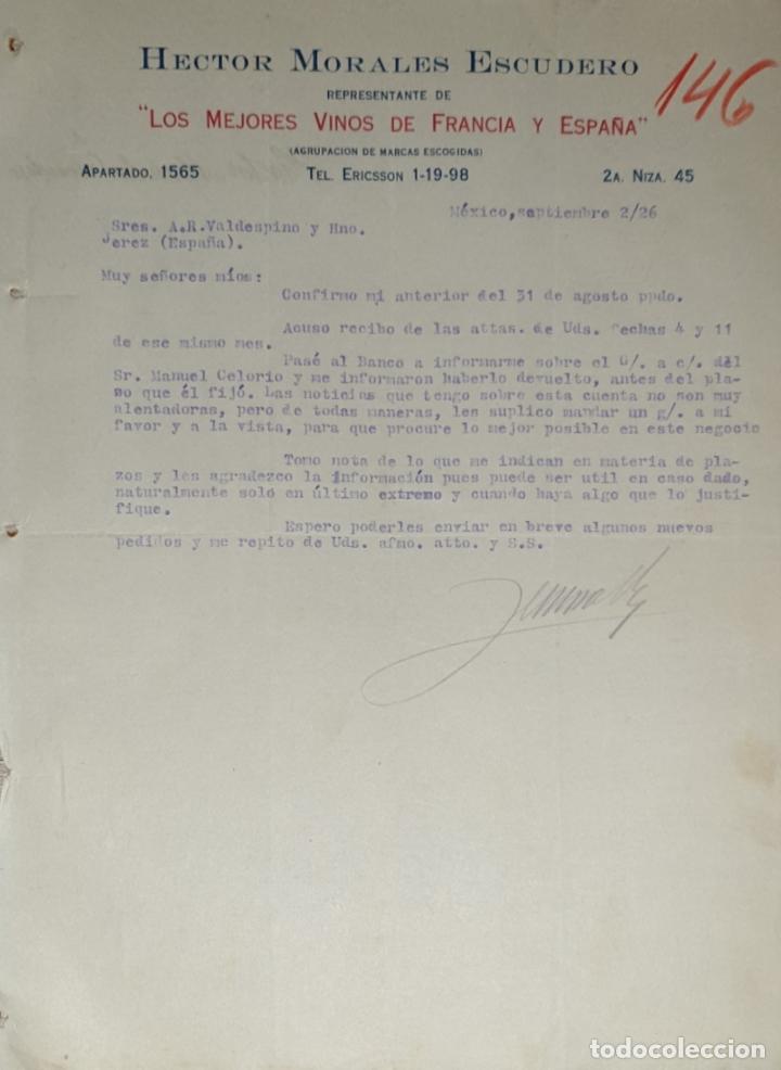 Lettres commerciales: Carta comercial.Hector Morales Escudero.Mejores vinos de Francia-Espa&ntilde;a.Representante.M&eacute;xico 1926