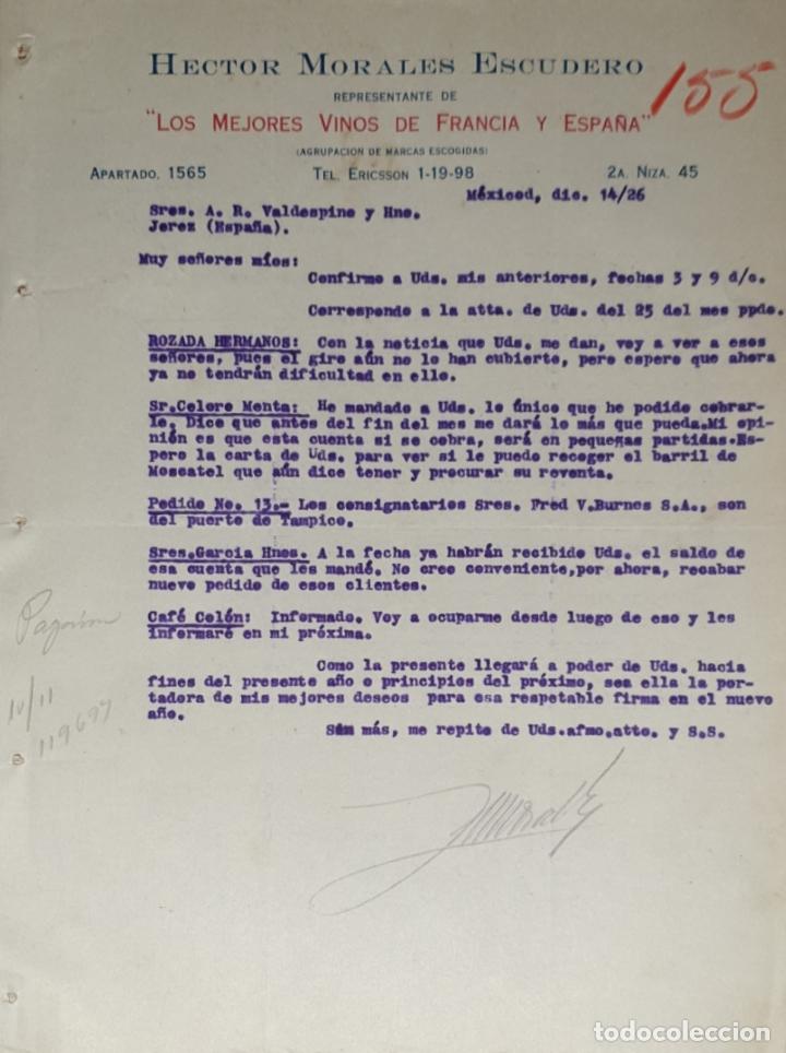 Lettres commerciales: Carta comercial.Hector Morales Escudero.Mejores vinos de Francia-Espa&ntilde;a.Representante.M&eacute;xico 1926