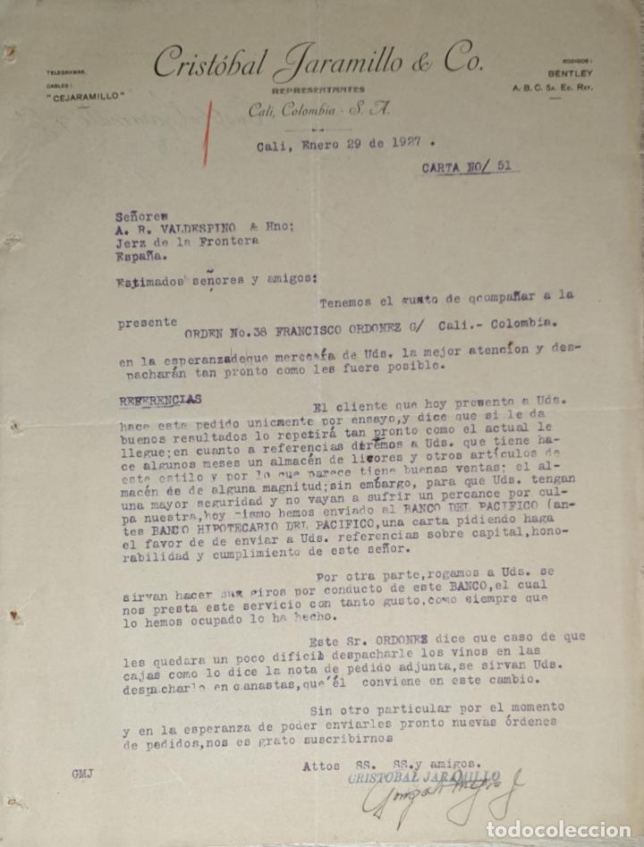 Lettres commerciales: Carta comercial. Crist&oacute;bal Jaramillo & C&ordm;. Representantes. Cali. Colombia 1927