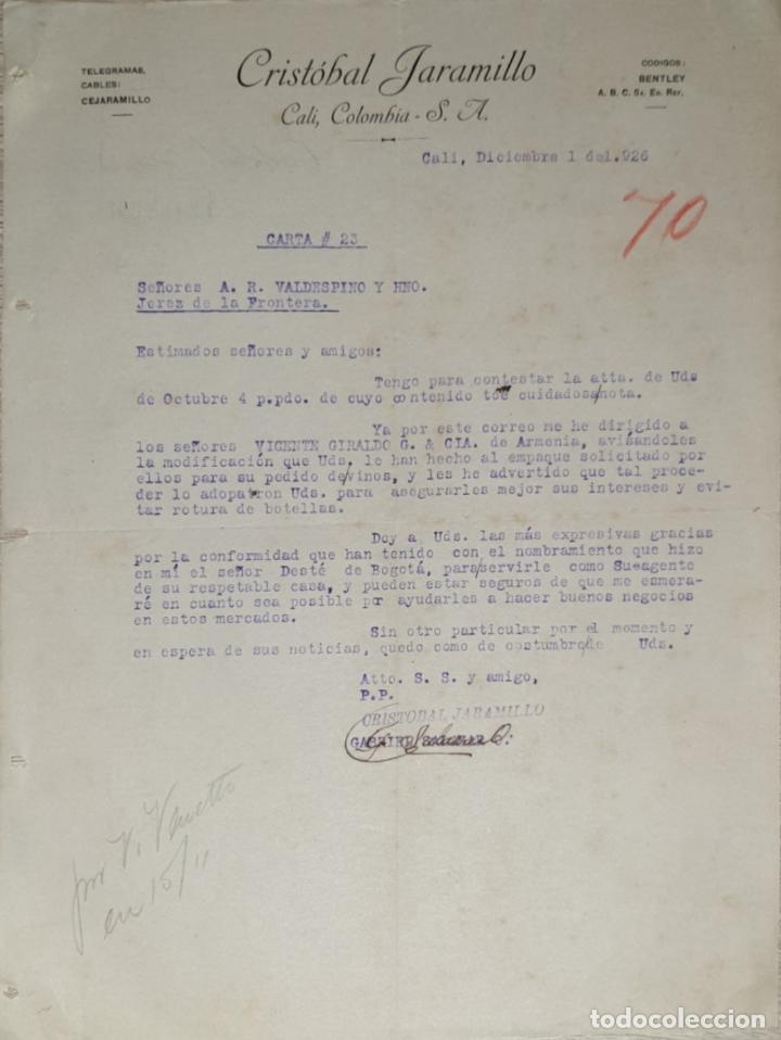 Lettres commerciales: Carta comercial. Crist&oacute;bal Jaramillo & C&ordm;. Representantes. Cali. Colombia 1926