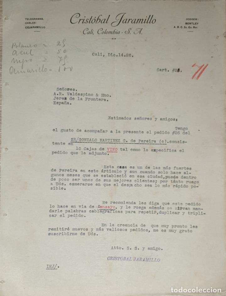 Lettres commerciales: Carta comercial. Crist&oacute;bal Jaramillo & C&ordm;. Representantes. Cali. Colombia 1926