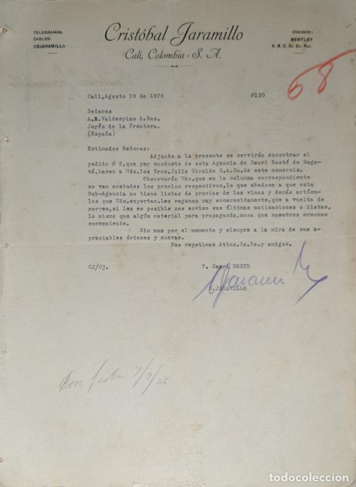 Lettres commerciales: Carta comercial. Crist&oacute;bal Jaramillo & C&ordm;. Representantes. Cali. Colombia 1926