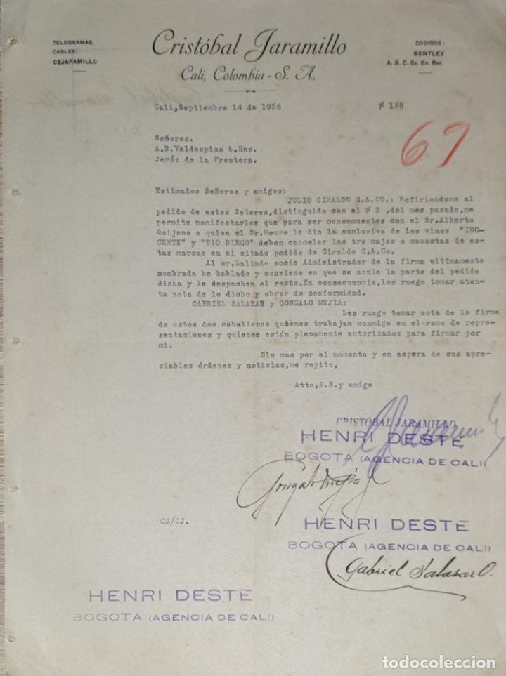 Cartas comerciales: Carta comercial. Crist&oacute;bal Jaramillo & C&ordm;. Representantes. Cali. Colombia 1926