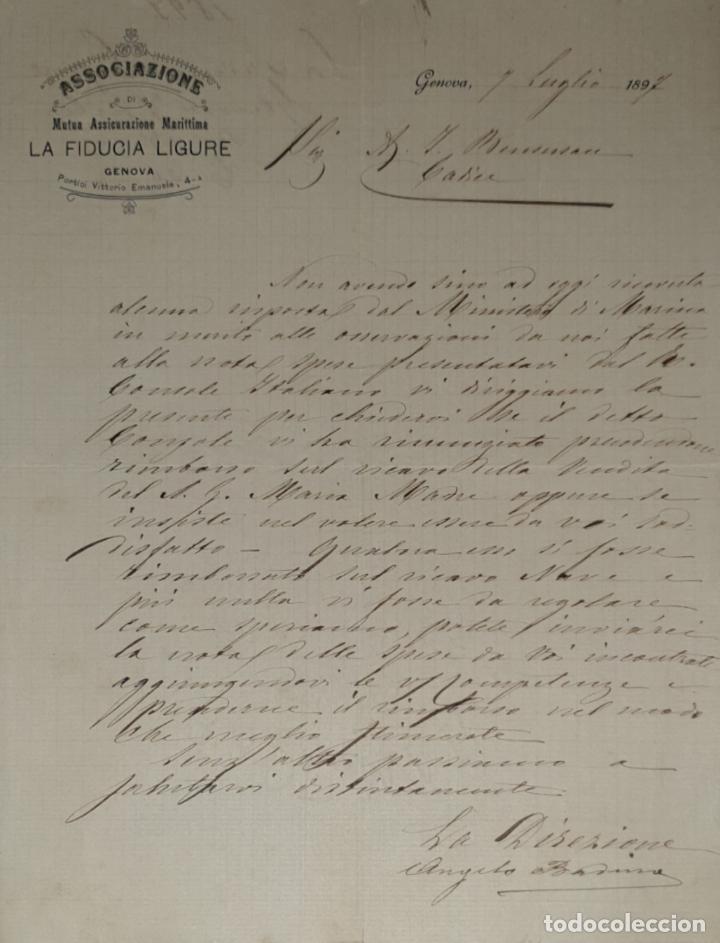 Lettres commerciales: Carta comercial. Associazione La Fiducia Ligure. Mutua Assicurazione Marittima. Genova 1897